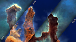 Una straordinaria visualizzazione 3D dei Pilastri della Creazione, dai dati di Hubble e James Webb