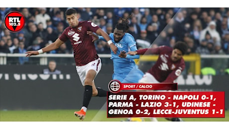 Serie A, Torino - Napoli 0-1, Parma - Lazio 3-1, Udinese - Genoa 0-2, Lecce-Juventus 1-1